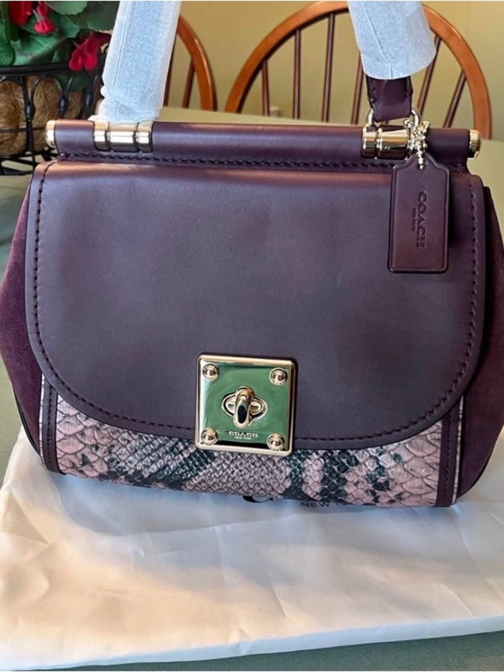 Coach Plum Leather Top-Handle Satchel with Pink Python Accent and Gold Hardware